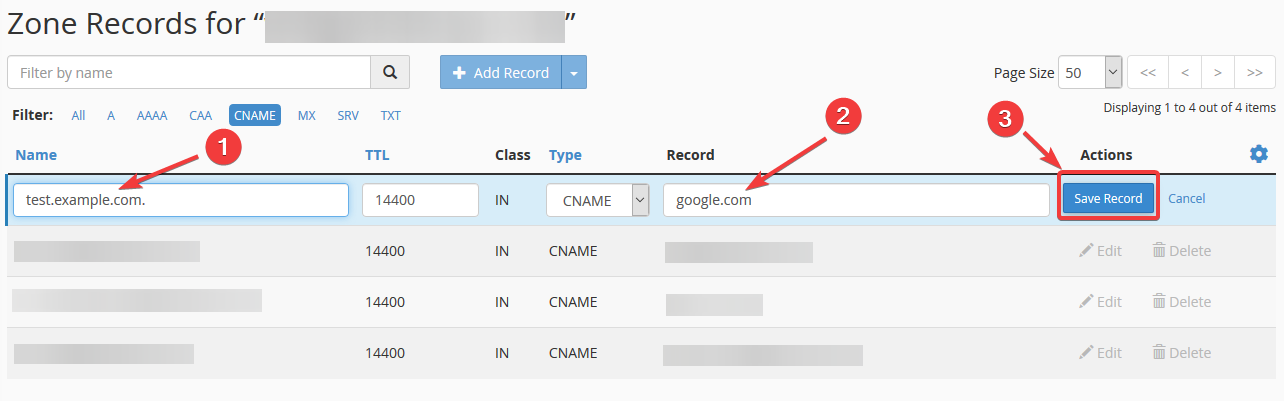 image showing how to edit cname record in cPanel