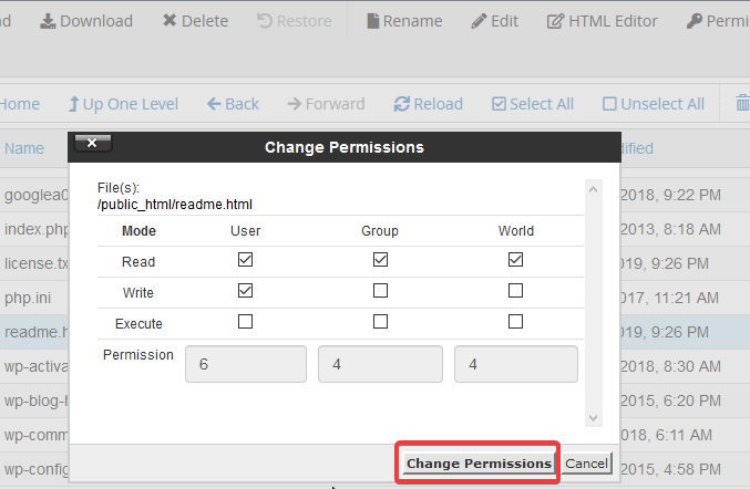 image showing how to file permissions in cpanel