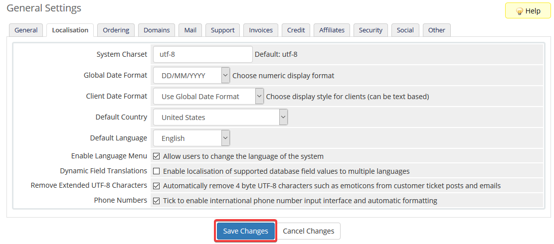 image showing how to default country in WHMCS