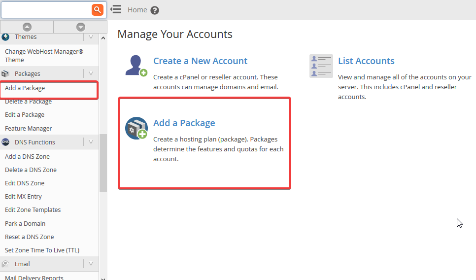 image showing how to add a package in WHM