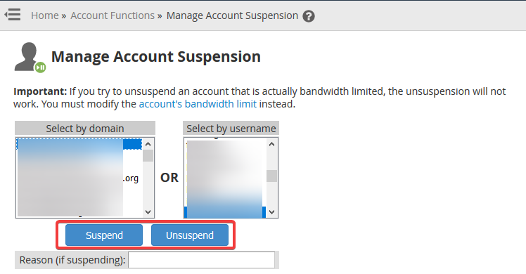 image showing how to manage suspension in WHM